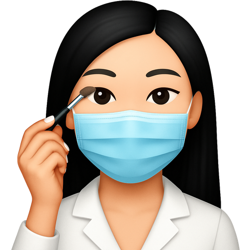A white womene, long black and straight hair, Chinese,pretty!, with a mask and a little eyebrows brush in her hand, with open white shirt, and with white middle nails