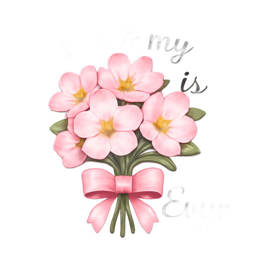 Pink flowers, light pink mixed with white flowers with a bow, tying them all together, aesthetic hello my name is Evyr across the back