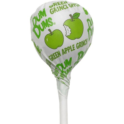 Dum-Dums Green Apple Grinch with a Print of Two Green Apples and a Bite Taken out of One of them on the Lollipop