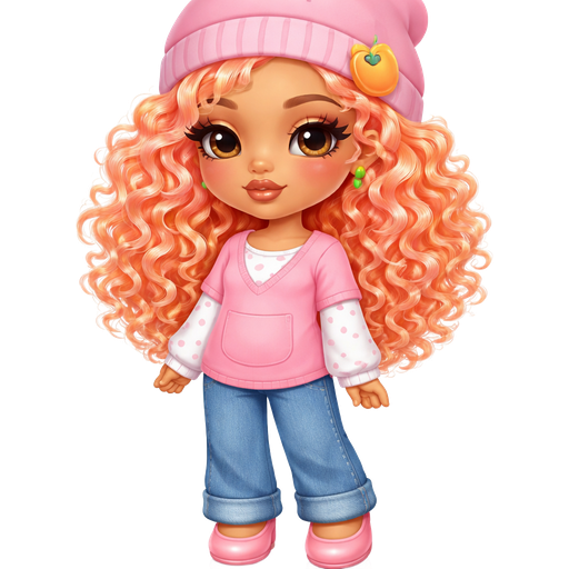 Apricot From Strawberry Shortcake with a Warm Golden Skin Tone With Curly Apricot Orange Hair and Pink Highlights Wearing a Soft Pink Beanie and a Dark Pink Stitch Going Across it with a Apricot Clip on the Left side of it with Heavy Lower Lips, a Prominent Eyelash Style and a Matte Brown Lipstick Finish, With a HD Makeup Style Look and a Adult Petite shape and a Thin Eyebrow shape and a Protruding Eye Shape with a Triangle Shaped Face Shape and a Detached Earlobe with a Pink Shirt with a Wide V-Neck with White Long Sleeves with Pink Polka Dots and a White T-shirt where the V-Neck is located and a Big Pocket in the Middle With Blue Denim Pants and a Black Stitch Pattern at the Bottom Wearing Pink Flats in a Intense Polished Shine and Diffused Lighting