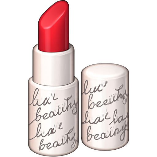 Create an emoji-style image of a red lipstick with a beautiful, elegant white case. The case should have the words “luv beauty” written repeatedly in a delicate cursive font, wrapping around the packaging. The overall style should be cute and modern, with clean lines and soft shading, suitable for use as a digital emoji or sticker.