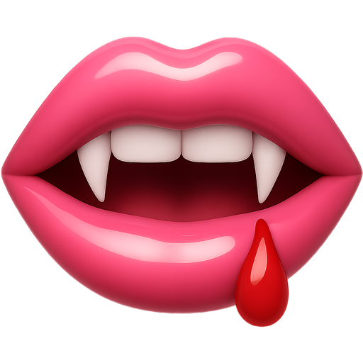 glossy pink lips with vampire teeth and a blood drop, sexy halloween aesthetic, modern iOS emoji style, 3D look, transparent background