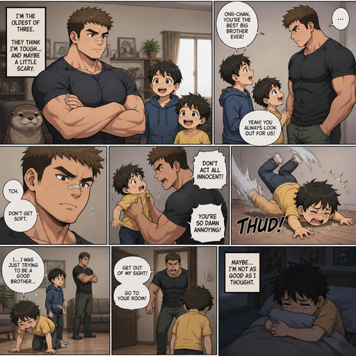 A DETAILED AND LIFELIKE ANIME Comic Book story view of a Bulky but Muscular ANIME Cute Bara Man With Peach toned skin Who looks Normal aind round facial Structure and Basic facial structure With Puffy and Big Pecs that are visible through the shirt and Biceps and Bandaid on his nose and Brown short hair that makes them look tough. Wearing normal With his pet Grown and healthy realistic otter and 2 little brothers that are in different ages but young. And he doesn‘t like them and big brother picks the little brother up and The little brother fly’s to the floor and limps away the little brother believes that he‘s A good person but when he tells him that he is pushed into his room and limps to his bed