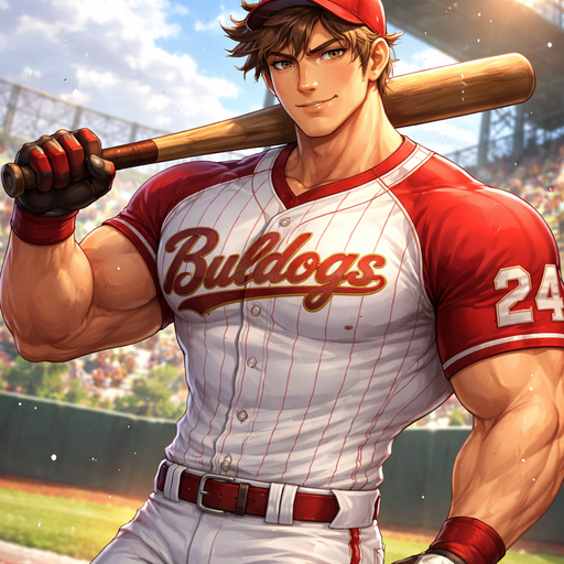 Buff American Baseball Player Gigantic and Muscular and Cute Guy With Brunette Eyes and Hair and in a Tight Jersey