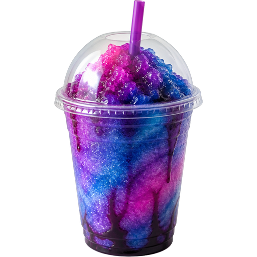Galaxy Shaved Ice Slushie in a Plastic Cup and Plastic Dome Lid with a Straw Mixed in with Extra Syrup