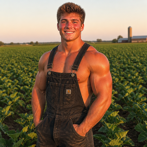 A Real life Full Body Image of a 20 year old that is a Farmer with Brown spiked hair and Blue Eyes with Huge Beefy and Bulky Arms with Chest with a Defined Big Body and Frame And Bodybuilder Body and a perfect Waist Blushing and With Sunburn under his Eyes. Smiling for a Picture