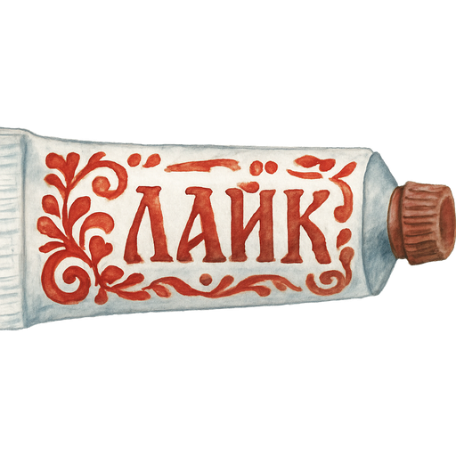 Белый тюбик краски лежит горизонтально, на нем красные русские узоры и надпись лайк, старославянский шрифт