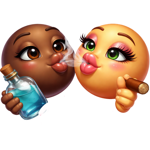 Two emoji kiss time little heart touching emoji’s lips both of them one holding big glass bottle other other emoji holding lit cigar in hand both blowing light smoke from their mouth one darker brown, this emoji dark brown, brown eyes has no make up turning with puckered lips to kiss other emoji's big puckered plump juicy lips with pink glossy lips this emoji color tan is slightly turned towards first emoji green eyes add fake longer eye lashes, add light pink blush puckered lips alot of makeup on this emoji add word Ready touching both emoji’s chin
