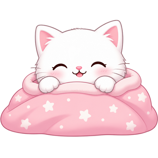 A white cat smiling as covers up in a blanket, with words above “good night” and stars around and hearts 💕