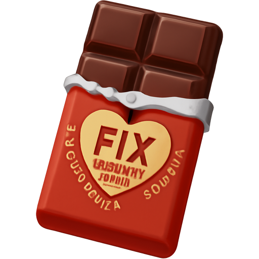 Uma barra de chocolate embrulhada com a marca fix chocolate do Dubai escrita dentro de um coração e chocolates do Dubai a volta do coração