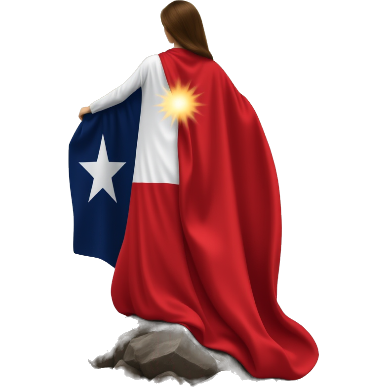 "Empowered woman in a flowing gown of red and white, draped in an Texas flag as a cape, stands on a rocky hilltop, with the sun setting behind. Sparkling stars cascade from the fabric, symbolizing unity and hope.”