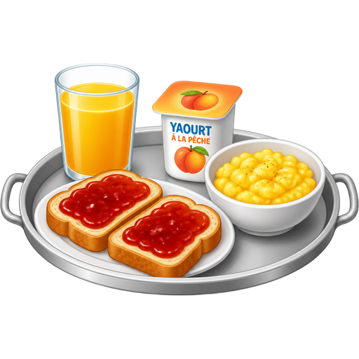 Sur un plateau mais un jus d’orange deux tartines à la confiture un yaourt à la pêche et un bol avec des œuf brouillés