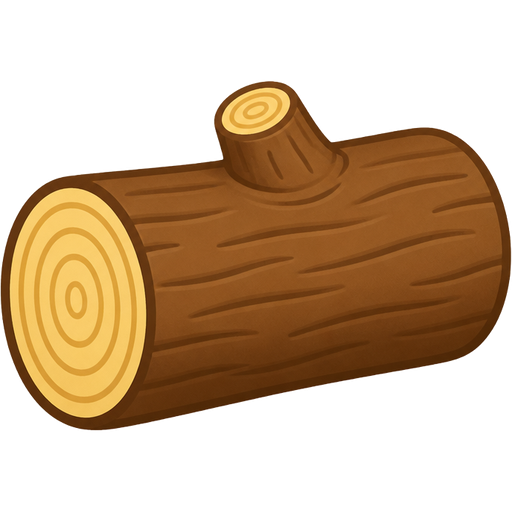 This image is a simple, cartoon-style illustration of a brown log lying on its side, featuring light yellow ends that show visible growth rings and a small cut-off branch stub on top.
