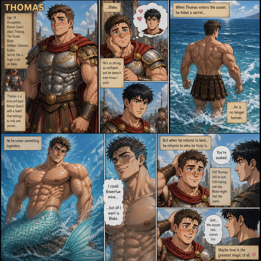 An ANIME Comic book story of a Bulky armed and muscular with the Perfect waist TEENAGE ANIME Cute and irresistible Bara Man Who looks Normal and American with a round facial Structure and Basic facial structure With Big Pecs and Biceps and Bandaid on his nose. As a Roman Guard and the Perfect Physique and named Thomas and has a huge crush on Blake. And then Thomas goes into the ocean and turns into a Manly and Masculine and Very handsome Siren with short hair and huge Muscles and when he gets on land turns back into a human