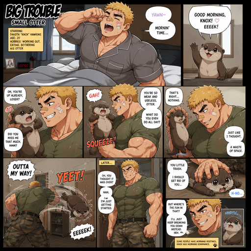 A Full page Anime Comic book story about of a Bulky ANIME Cute Bara Man American 20 year old with a ROUND and BASIC facial structure and Young Adult BARA CUTE that is Peach Toned skin not anything else MALE not to detailed With bigger than average Pecs that are visible through the shirt and Biceps and a big Bandaid on his nose and Left Cheek and Right Eye brow with Scars all over his Chest and arms. Wearing a Tight Military Green Top that is tight around the waist and Baggy Camo Cargo pants drenched in sweat and Short and yellowish orange Hair and Bright Gold Fluffy Hair and Strait with brown eyes and black eyebrows with a Three finger Slash on his Eyebrow. With no Facial Hair. Waking up in the morning in pajamas and his pet otter but Excessively bully’s it and comes back and Harshly Bully’s him more
