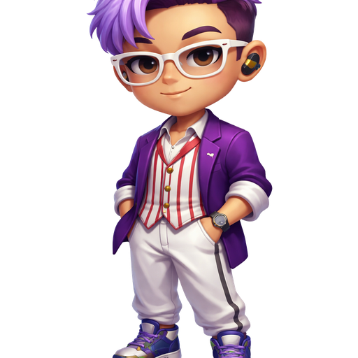 Boysenberry Mousse with a Fair-Light Cool Beige Skin Tone and Rounded Eyebrows with a Monolid Eye Shape and a Diamond Facial Structure with a Lavender Frosted Hair-Tips and Dark Purple Undercut Swooped Hairstyle in the Shape of Mousse Wearing White Glasses and a White and Red Striped Collared Vest With Three Flat Black Buttons with a Gold Lining and a Purple Business Jacket with White Rolled Up Sleeves and a Black and Gold Bluetooth Earbud on the Left Side of His Ear Wearing White Lounging Pants with a Grey Strip Going Down the Side and Purple and Blue Hightop Sneakers with Green on one part of the Shoe and a Yellow Lining Going Around it with a Mature Adult Balanced Structure and Vivid with 3D Distinct Features and High Visual Textures in a Soft 4K Intense Polished Shine
