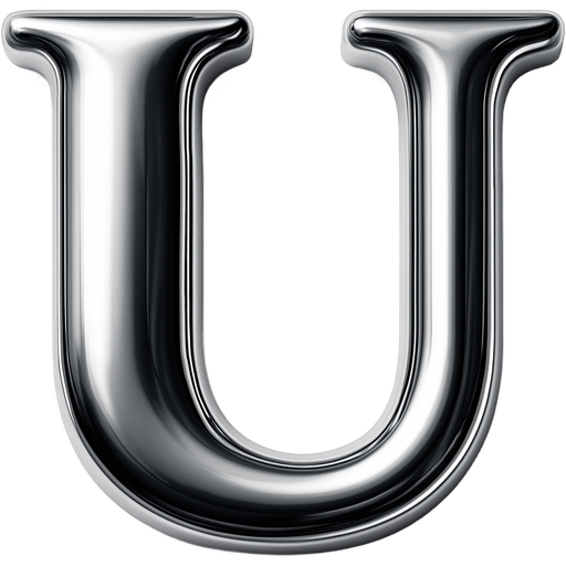 High shine chrome Capital U in serif font. Strong top left light source, medium pillow inflation, high contrast reflection, soft bevel fully rounded