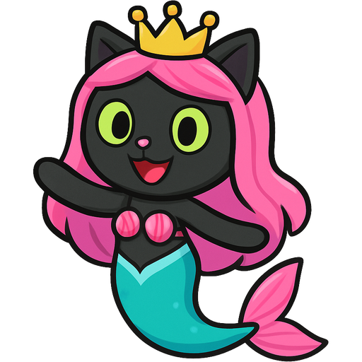 black cat pink long hair crown green eyes very long cyan and white mermaid tail with pink fins swimsuit happy tree friends style cartoon style emoji, fun expressive character