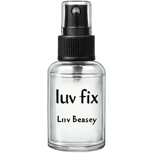 Create an emoji-style image of a facial mist and makeup setting spray bottle. The bottle should be transparent with a sleek design, featuring a black spray pump nozzle. On the front of the bottle, the product name “luv fix” is written clearly, and the brand name “Luv Beauty” is also displayed in a stylish font. The overall look should be clean, elegant, and modern, suitable for a beauty emoji or digital sticker.