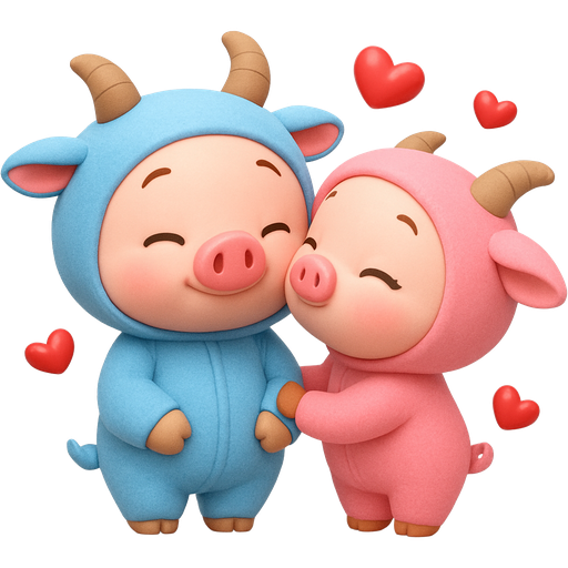 cute pig wearing blue goat onesie eyes closed and pink girl pig wearing pink goat onesie cuddling w hearts around girl kiss boy