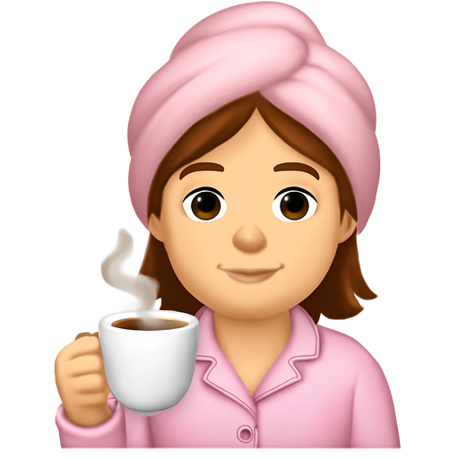 A brown hair girl out of the shower in her light pink pijamas drinking coffe and steam coming out of it