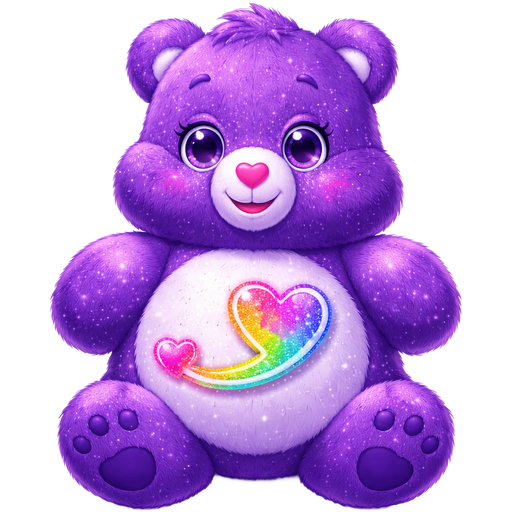 Rainbow Heart Sparkling Dark Purple Care Bear with a Sparkling Rainbow One-Line Trailing Heart on the Stomach and a pinkish Purple Heart nose