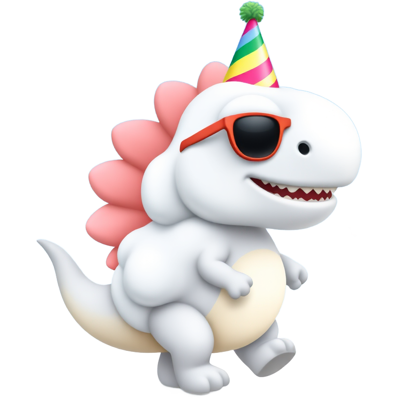 Create a whimsical dinosaur-shaped cloud, adorned with vibrant rainbow colors. It wears oversized sunglasses and a party hat, floating cheerfully in a bright blue sky. This carefree creature has playful, sparkly stars trailing behind it, as it joyously dances through a whimsical landscape of cotton candy hills.