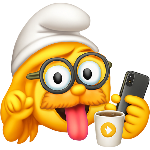 Smurfette with her tongue out, a minion with funny glasses with finger next to its face, the Lorax with a latte and has a phone in the other hand