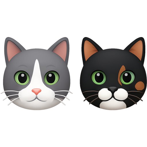 One grey and white ca with green eyes and another black cat with a white stomach and brown spots and green eyes