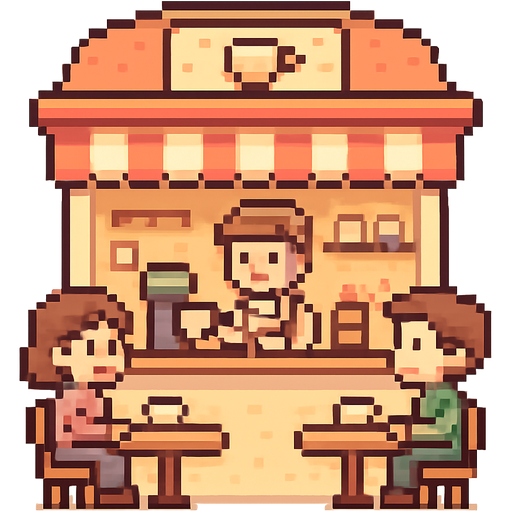Pixel art of a small market café, barista making latte, customers sitting at tables, cozy atmosphere, white background, sticker style,