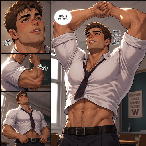 A Anime comic book of a Hunky and bulky but Muscular and more Muscle than Fat ANIME CUTE Bara Man Who looks Normal and American but Manly Features and Fluffy and strait Brown Hair with a round facial Structure and Basic facial structure With PUFFY and BIG Pecs that are visible through the shirt and Biceps with a cut on his nose. Wearing a baggy School Uniform. He Stretches with interlocked fingers both arms up. And He unbuttoned 2 buttons and and looks up and dreamy and Irresistible. And he licks his teeth. And flexing a roos off the sleeves and he says that’s better. And his abs show cause his shirt comes up, and slouches back while standing up and Holds his belt
