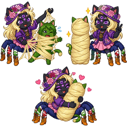 1 green boy cat furry getting wrapped up and webbed by furry black cat anthro with five purple eyes light blonde hair purple and pink florist hat and purple florist outfit a spider's blue lower body wearing green and white and red socks orange boots with buckles light pink skirt peace sign necklace hybrid using its own light blonde hair webbing 2 light blonde hair mummy shaped like green boy cat furry completely covered with light blonde hair mummy 3 then furry black cat anthro with five purple eyes light blonde hair purple and pink florist hat and purple florist outfit a spider's blue lower body wearing green and white and red socks orange boots with buckles light pink skirt peace sign necklace hybrid hugs the light blonde hair mummy shaped like green boy cat furry completely covered with light blonde hair mummy clipart cartoon version