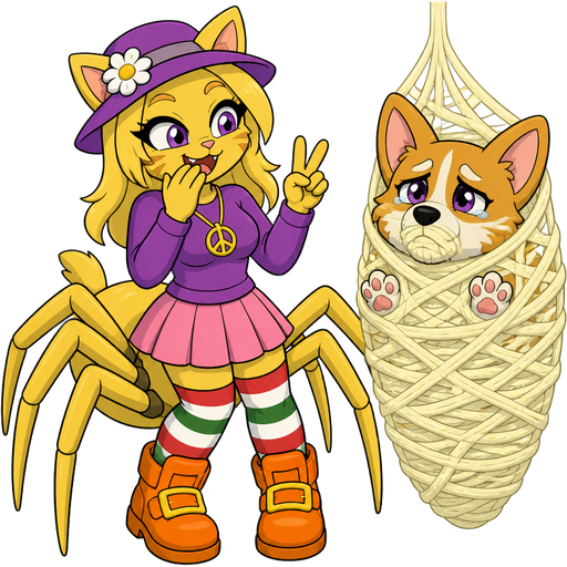 Yellow cat anthro giggling with purple eyes blonde hair purple hat with white flower peace sign necklace purple long sleeved shirt pink skirt long red white green socks orange boots with yellow buckles drider hybrid next to non transparent #FFF4A6 spider cocooned webbed mummified anthro corgi whimper mouth covered with #FFF4A6 webbing