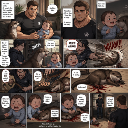 A DETAILED AND LIFELIKE LONG ANIME Comic Book story view of a Bulky but Muscular ANIME Cute Bara Man With Peach toned skin Who looks Normal aind round facial Structure and Basic facial structure With Puffy and Big Pecs that are visible through the shirt and Biceps and Bandaid on his nose and Brown short hair that makes them look tough. Wearing normal With his pet Grown and healthy realistic otter. And had a brother infant baby And the otter sticks up fr the baby but the baby knows he‘s not enough and then flies to the wall from him and lays there and the otter looses his tail In discipline for defending him. And the baby watches everyhting crying and trying to help but is to weak and the Brother hated them both the whole time and the otter didn’t wake up and the baby huged the otter and the baby can‘t speak the good English