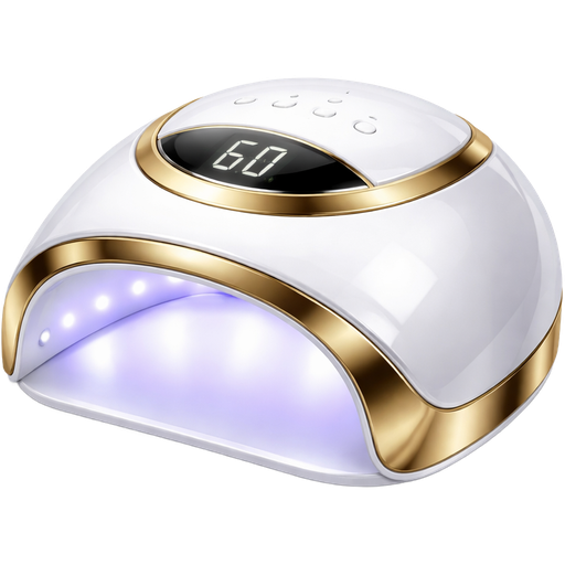 Luxury UV/LED nail lamp, sleek modern design with glossy white body and polished metallic gold accents, soft glowing UV light inside the lamp, curved ergonomic shape for hand placement, high-end nail technician equipment, minimal aesthetic, ultra realistic texture, soft reflections and glossy highlights