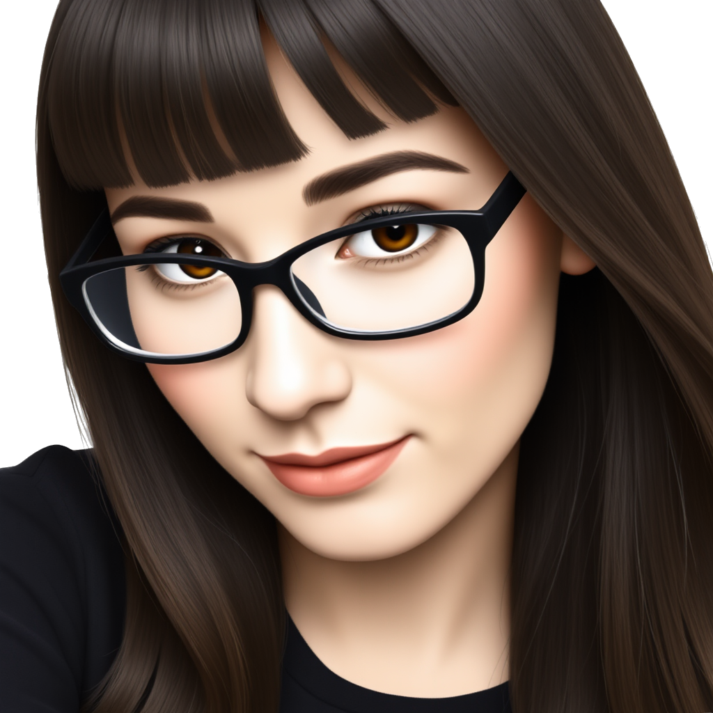 Caucasian woman with dark brown hair and bangs, black eyeglasses, black eye makeup, and black longsleeve shirt