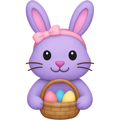 A Easter bunny that is lavender which is a girl and she is carrying a basket filled with eggs and a cute little light pink headband on her head
