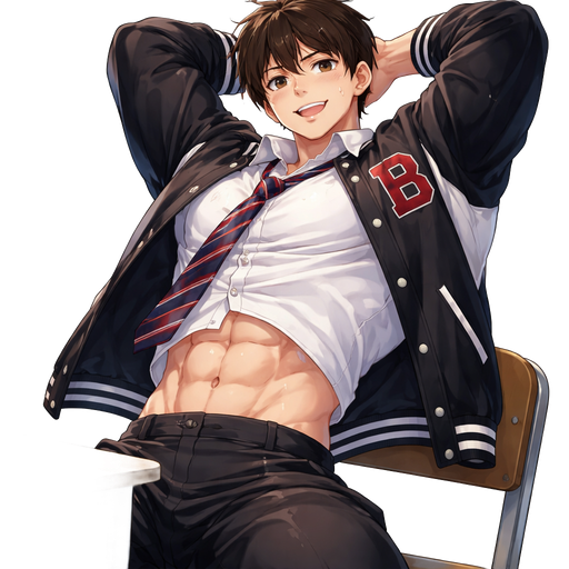 A Full Body Image of an Incredibly Muscular White skinned Teenager with a Basic and Round Facial Structure with Dark Brown hair and brown eyes and Big Pecs that Are Noticeable through the Short with a Grotesque and Huge wrestler’s body. In a Button Up School Uniform and Tie with A Leather man Jacket Over with a Logo on it. Leaning back in A Chair drenched in Sweat. Stretching while his shirt comes up at the waist