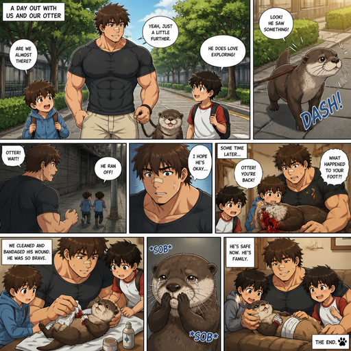 A DETAILED AND LIFELIKE ANIME Comic Book story view of a Bulky but Muscular ANIME Cute Bara Man With Peach toned skin Who looks Normal aind round facial Structure and Basic facial structure With Puffy and Big Pecs that are visible through the shirt and Biceps and Bandaid on his nose and Brown Fluffy and Strait hair. Wearing a normal clothes And with his pet and grown otter and 2 little brothers. And they go on a walk with the otter and the otter ran off and and the otter came back came back without a Foot. And they helped him and the otter cried but was safe now at home