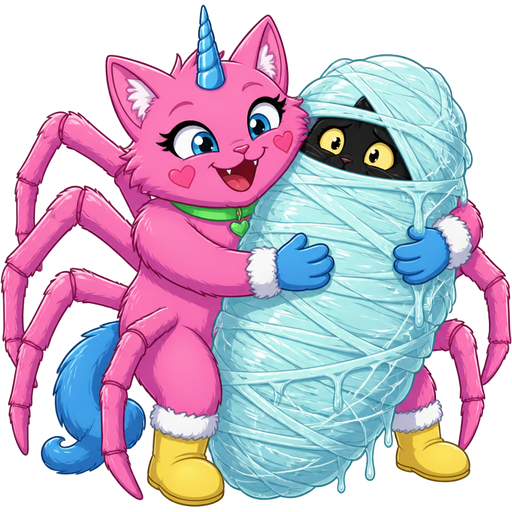 giant pink cat spider hybrid with blue unicorn horn green collar blue eyes with eyelashes heart shaped cheeks white wrists blue gloves white ankles yellow boots blue tail and with white stripe pink spider legs happy hugging #B8FFFF cocoon cocooned giant black cat worried completely covered with #B8FFFF coating of #B8FFFF spider slik and #B8FFFF spider slik wrappings and #B8FFFF spider slik webbing wrappings cocoon #B8FFFF