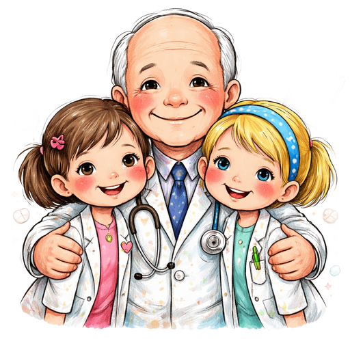 Create please an emoji where will be two little girls . One girl with brown short hair and another has blond short hair. He is hugging them. The both of girls will be his douguhters. They are doctor too. He is the doctor. He will be without mustache and any glasses . He is old man