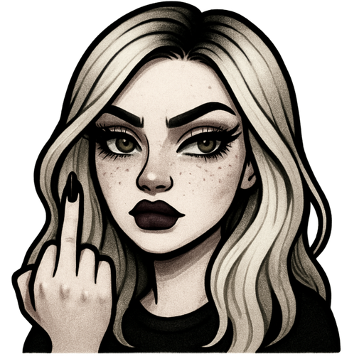 28 year old kind of a baddie with full but not too big lips a slight bumpy nose high cheek bones with freckles hazel eyes very long lashes winged eyeliner sparkly eyeliner and lips very fair skin with long slightly wavy ice blonde hair and dark roots parted to the side sticking up her middle finger