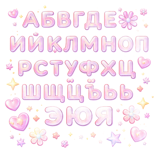 Буквы ровные аккуратные А Б В Г Д Е Ё Ж З И Й К Л М Н О П Р С Т У Ф Х Ц Ч Ш Щ Ь Ъ Э Ю Я в розовом оттенке сердечки звездочки цветочки