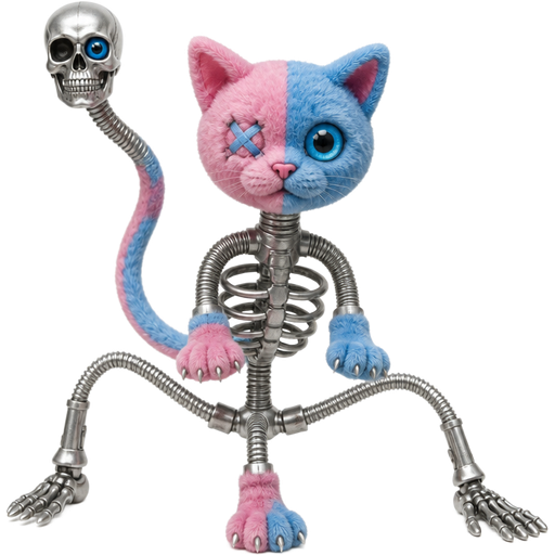 toy pink and blue cat head one blue doll eye are on right toy pink and blue cat paws skeleton like body made of sliver flexible hoses toy pink and blue cat tail with sliver human skull head with blue doll eye on left eye socket attached to sliver flexible hose 3 spider like legs made of sliver flexible hoses with attached 2 endoskeleton feet 1 toy pink and blue cat foot toy