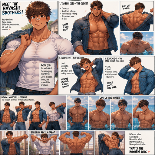 An Anime Comic Book story of a Bulky and hunky ANIME Cute Bara Man With Peach toned skin Who looks Normal and round facial Structure and Basic facial structure With Puffy and Big Pecs that are visible through the shirt and Biceps and Bandaid on his nose and Brown and fluffy hair and buff and bulk than shredded muscles. Wearing normal clothes. And the comic introduces each of his 3 Cute brothers and you can tell there related. and the oldest is the strongest and biggest of them each with different personalities and all BEEFY and HUNKY and HUGE and MUSCULAR. And there a hot and Attractive and they put jeans jackets and Jeans some with A shirt under some don’t on with there dreamy body. Modeling and stretching. And pictures of them getting out if the water in water