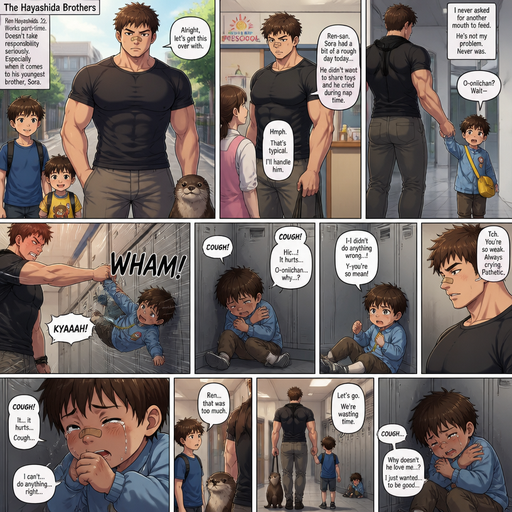 A DETAILED AND LIFELIKE ANIME OF Comic Book extended story that shows everything of a Bulky but Muscular ANIME Cute Bara Man With Peach toned skin Who looks Normal aind round facial Structure and Basic facial structure With Puffy and Big Pecs that are visible through the shirt and Biceps and Bandaid on his nose and Brown short hair that makes them look tough. Wearing normal With his pet Grown and healthy realistic otter and 2 little brothers that are in different ages but young. He never loved his baby brother and so he picks the little baby brother up at Preschool by the arm and the baby brother fly’s into to the lockers and crys but is to weak and the baby brother sits there coughing. And The baby brother tries to defend himself, but can’t. And is shoulder and coughs