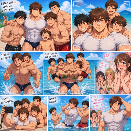 A Full Body Comic Book story view of a Bulky but Muscular ANIME Cute Bara Man With Peach toned skin Who looks Normal and round facial Structure and Basic facial structure With Puffy and Big Pecs that are visible through the shirt and Biceps and Bandaid on his nose and Brown Fluffy and Strait hair. Wearing a Swimsuit. At a beautiful beach and they don’t have jewelry on with his Brothers. And they take a bunch of family pictures at a beach. And then takes pictures of him and carrying all of his brothers and playing in the water and they make girls blush
