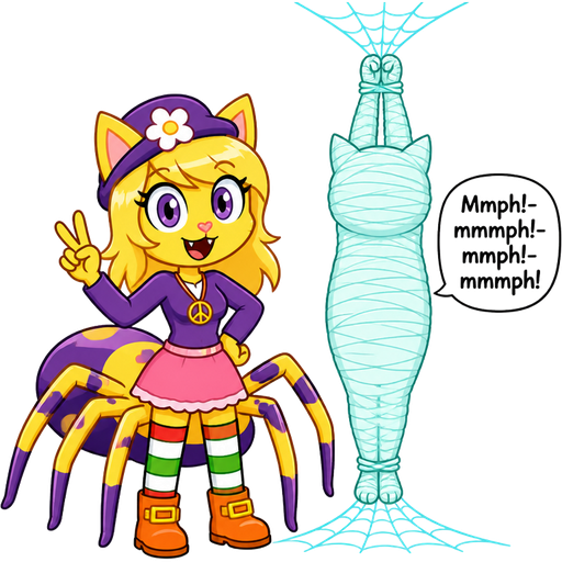 Yellow cat anthro with purple eyes blonde hair purple hat with white flower peace sign necklace purple long sleeved shirt pink skirt long red white green socks orange boots with yellow buckles drider hybrid next to #B8FFFF mummified completely covered anthro cat shaped cocoon completely covered hanging on the ceiling by wrists tied up with #B8FFFF spider webs and ankles tied up with #B8FFFF spider webs on the floor Mmph!-mmmph!-mmph!-mmmph! happy tree friends style