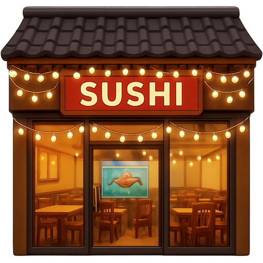 Sushi restaurant with strings of white Christmas lights hanging outside and inside of the restaurant there is a fish tank and many dining tables