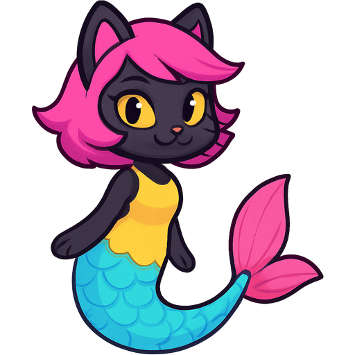 black anthro cat with pink hair yellow dress attached to long cyan and white tight long mermaid tail with pink fins artistic creation, beautiful art